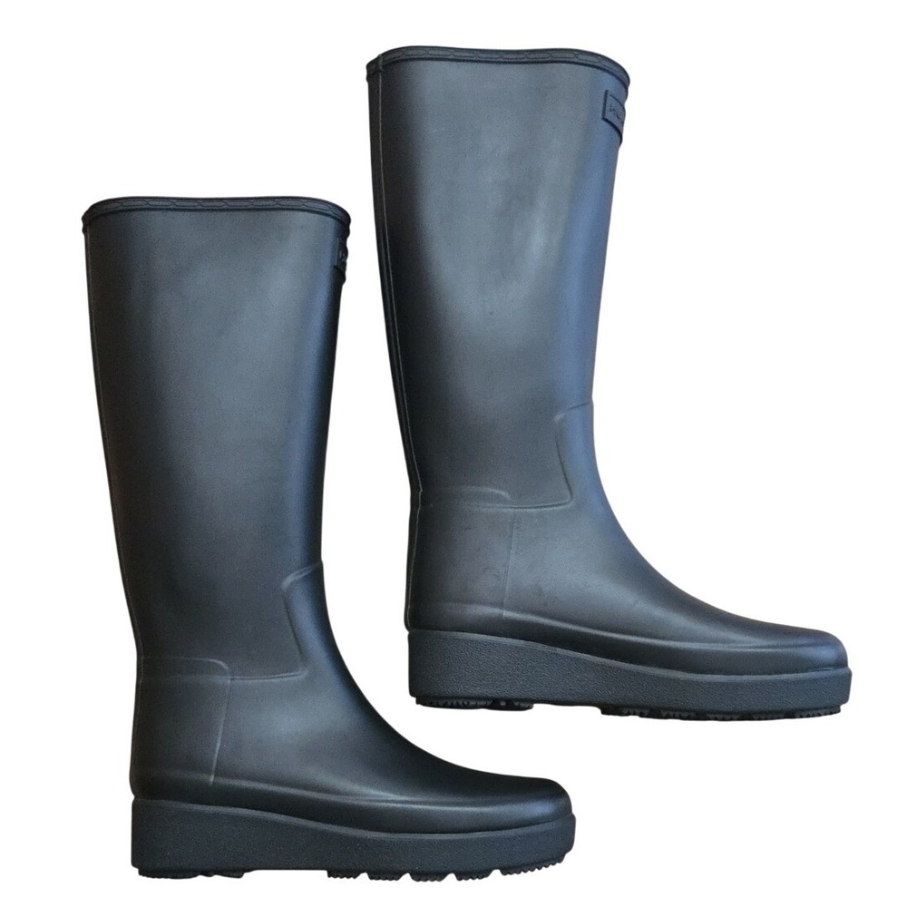 Hunter Original Refined Creeper Tall Rain Boots Black Matte 7 Preppy Wedge Farm